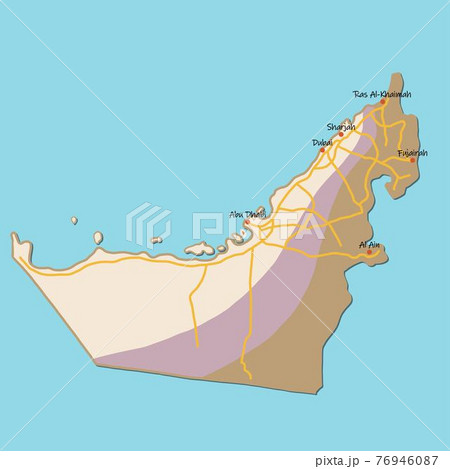 Doodle freehand colorful drawing United Arab Emirates map with major cities and highway. 76946087