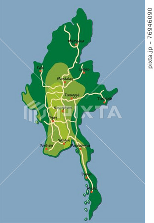 Doodle freehand colorful drawing Myanmar map with major cities and highway. 76946090