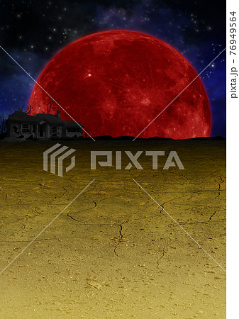 夜空に赤い大きな月と干ばつの大地に廃墟のイラスのイラスト素材