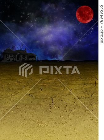 夜空に赤い月と干ばつの大地に廃墟のイラストのイラスト素材