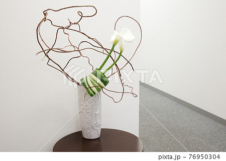 花瓶に活けられた白いカラーの花と枝のアレンジの写真素材