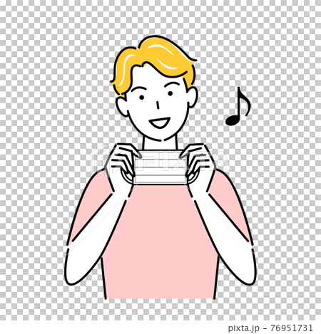 微笑的男子雙手拿著面具插圖簡單向量圖 76951731