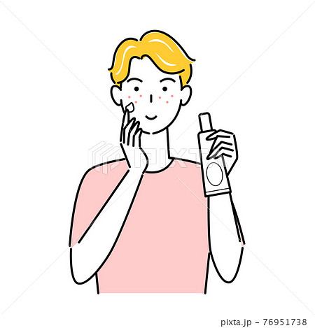 肌荒れになってしまった男性がスキンケアをしてる イラスト シンプル　ベクター 76951738