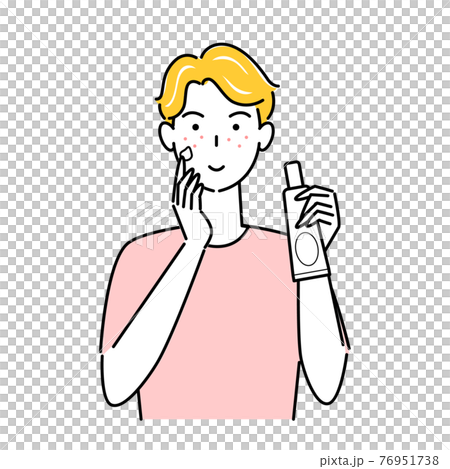 肌荒れになってしまった男性がスキンケアをしてる イラスト シンプル　ベクター 76951738