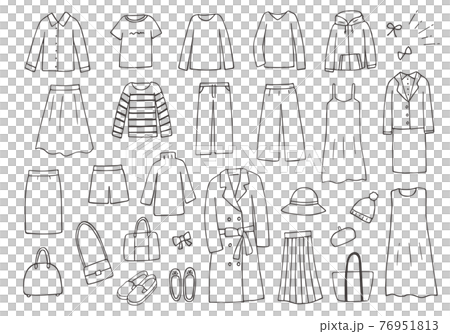 いろんな服や小物の手描きイラストセット（モノクロ） 76951813