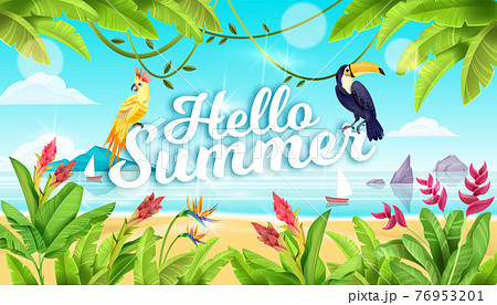 Summer beach landscape, tropical paradise background, toucan, parrot, exotic flowers, ocean, sand 76953201