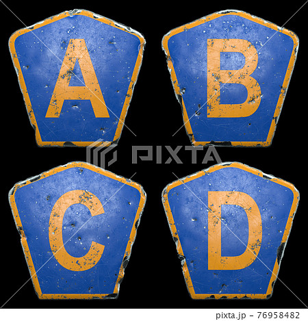Set of public road signs in blue and orange color with a capital letters A, B, C, D in the center isolated black background. 3d 76958482