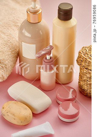 Skin care products on pink background, nobody Skin care products on pink background, nobody 76959086