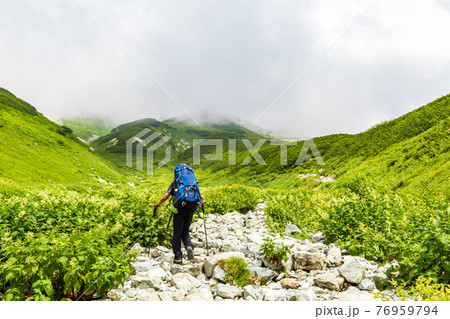 雲に覆われた雷鳥坂を登る人 76959794