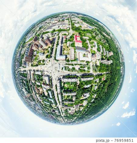 Aerial city view with crossroads and roads, houses, buildings, parks and parking lots. Sunny summer panoramic image 76959851