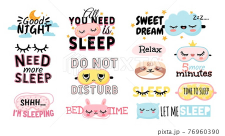 Sweet dream. Sleeping slogan and good night elements cute eye mask, pillow, moon and clouds. Posters for bedroom or pajama prints vector set 76960390