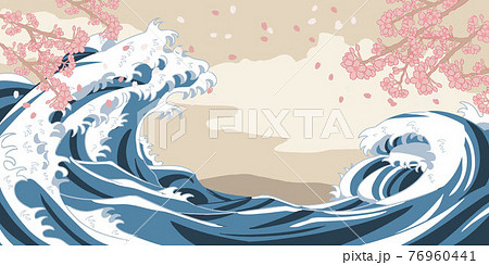 海　和風　桜　花びら　和紙風背景 76960441