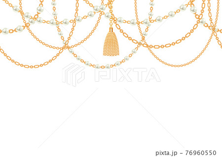 Background with golden metallic necklace. Tassel, pearls and chains. On white. Vector illustration 76960550