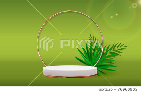 White 3d pedestal background with Golden Glass Ring Frame, realistic palm leaves for cosmetic product presentation, fashion magazine. Copy space vector illustration 76960905