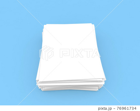 Stack of white sheets of A4 office paper on a light blue background. 76961734