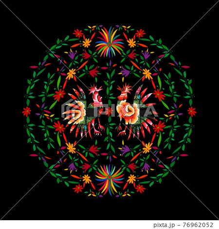 Round Ethnic Mexican embroidery background, colorful roosters jungle animals handmade. Otomi culture naive print folk decorations. latin, Spanish, mediterranean style. Floral elements textile on black Round Ethnic Mexican embroidery background, colorful roosters jungle animals handmade. Otomi culture naive print folk decorations. latin, Spanish, mediterranean style. Floral elements textile on black 76962052