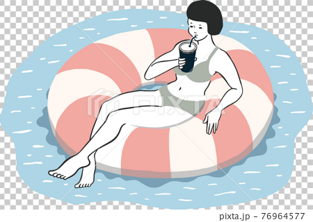 夏休みのプールで浮き輪を使ってリラックスする水着姿の女性のカラーイラストのイラスト素材