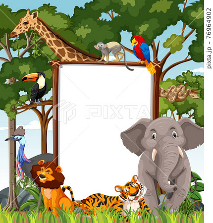 Blank banner in the rainforest scene with wild animals 76964902
