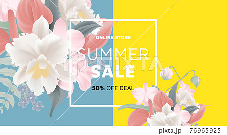 Floral summer sale banner template design, bouquets of various flowers and leaves 76965925