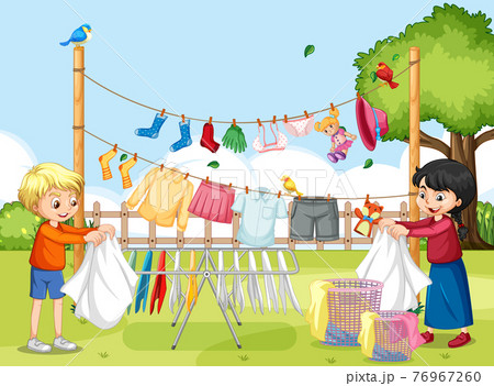Outdoor scene with children hanging clothes on clotheslines Outdoor scene with children hanging clothes on clotheslines 76967260
