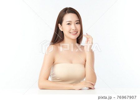 Beautiful young asian woman with clean fresh skin on white background, Face care, Facial treatment, Beautiful young asian woman with clean fresh skin on white background, Face care, Facial treatment, 76967907