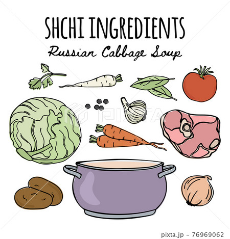 SHCHI National Russian Cuisine Menu Traditional Soup Recipe Food Ingredients Cartoon Clip Art And Handwriting Text Vector Illustration Set For Print 76969062