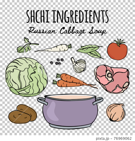 SHCHI National Russian Cuisine Menu Traditional Soup Recipe Food Ingredients Cartoon Clip Art And Handwriting Text Vector Illustration Set For Print 76969062