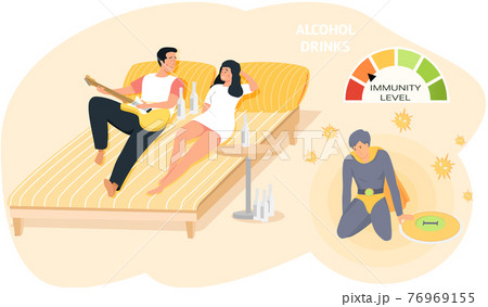 People drink alcohol and playing guitar together at home. Immunity level decreases due to drinking People drink alcohol and playing guitar together at home. Immunity level decreases due to drinking 76969155