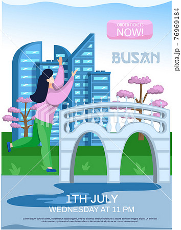 Order tickets to Busan advertising banner. Blooming cherry and landmarks of south korean city 76969184