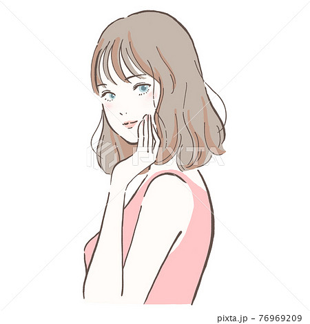 頬に手をあてる大人の女性 ミディアムヘアのイラスト素材