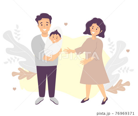 Family life concept. Happy husband holds a smiling newborn son in his arms. A lovely woman-wife stands next to him. Vector illustration. Light-skinned family with toddler boy 76969371