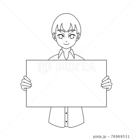 ボードを持つ男性 微笑み 線画のイラスト素材