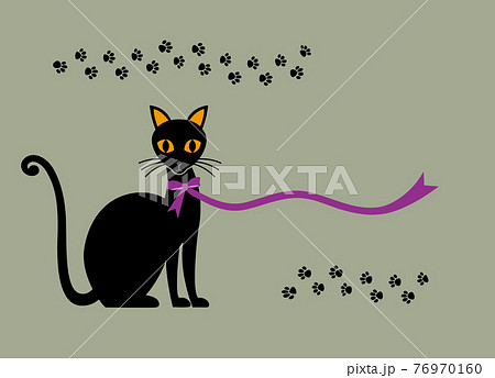 紫のリボンを首に巻いた黒猫のイラスト素材
