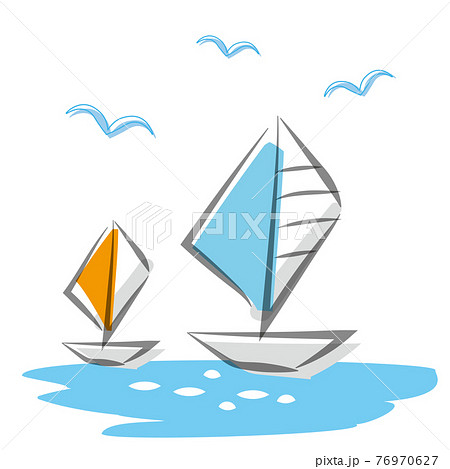 海に浮かぶ二艘のヨットの水彩風イラスト 白背景のイラスト素材