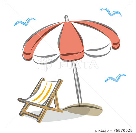 ビーチパラソルと椅子の水彩風イラスト 白背景のイラスト素材
