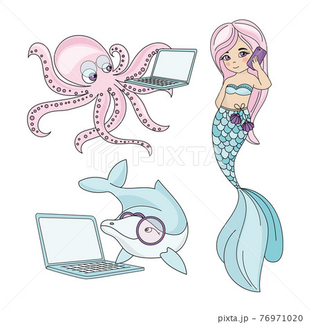 SEA CREATURES Mermaid Talking Smartphone Octopus And Dolphin Working On Laptop Underwater Inhabitants Cartoon Clip Art Vector Illustration Set For Print 76971020
