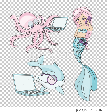 SEA CREATURES Mermaid Talking Smartphone Octopus And Dolphin Working On Laptop Underwater Inhabitants Cartoon Clip Art Vector Illustration Set For Print 76971020