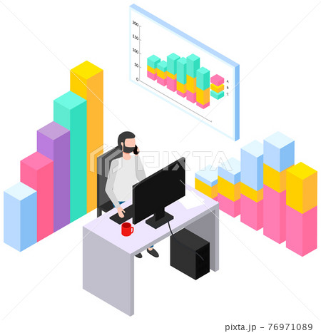 Guy is working with data and speaking on smartphone. Man studies statistics at his workplace 76971089