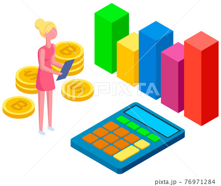 Female character counting funds and finances on calculator. Woman studies statistical indicators 76971284