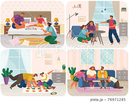Family with board games at home set. Parents and children spend time in sitting-rooms together 76971285