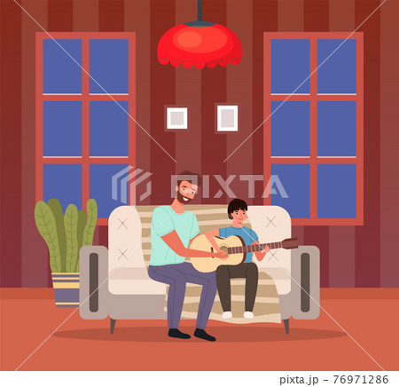 Musician teaches child to make songs. Guitar and music lesson. Dad and son playing together 76971286