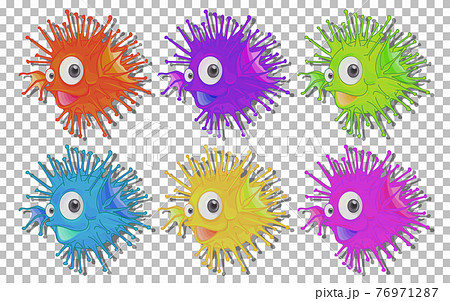 Set of many cute sea urchins cartoon character on transparent background 76971287