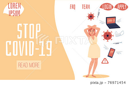 Stop Covid-19 banner with woman in panic from epidemic flat vector illustration. 76971454