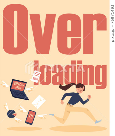 Stressed woman runs from information flow, flat vector illustration isolated. 76971493