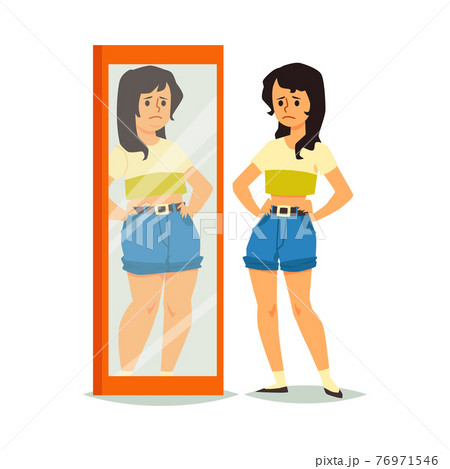 Accepting, loving, confidence and self respecting positive girl looks in mirror. 76971546
