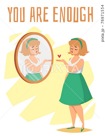 Positive slogan in banner with woman looking at mirror, flat vector illustration. 76971554