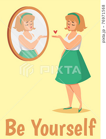 Be yourself banner with woman looking at mirror, flat vector illustration. 76971568