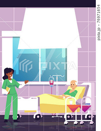 Female nurse visit old patient lying in hospital bed in medical ward 76971654