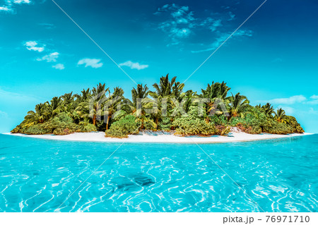 Whole tropical island within atoll in tropical Ocean. 76971710
