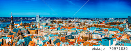 Panoramic view of the city of Riga, Latvia from the height of the tower Church of St. Peter 76971886